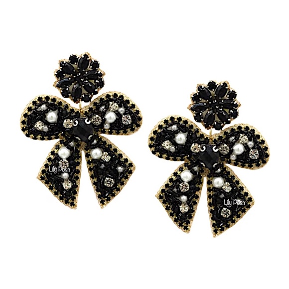NEW Bow Earring, Beaded Bow Ribbon Statement Earring, Lily Posh - Picture 1 of 4